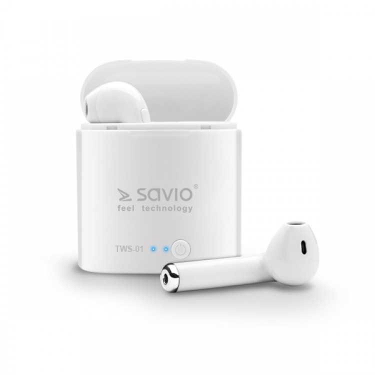 Casti Wireless,Savio TWS-01,EarBuds, pentru Ios & Android, Bluetooth 5.0, Alb