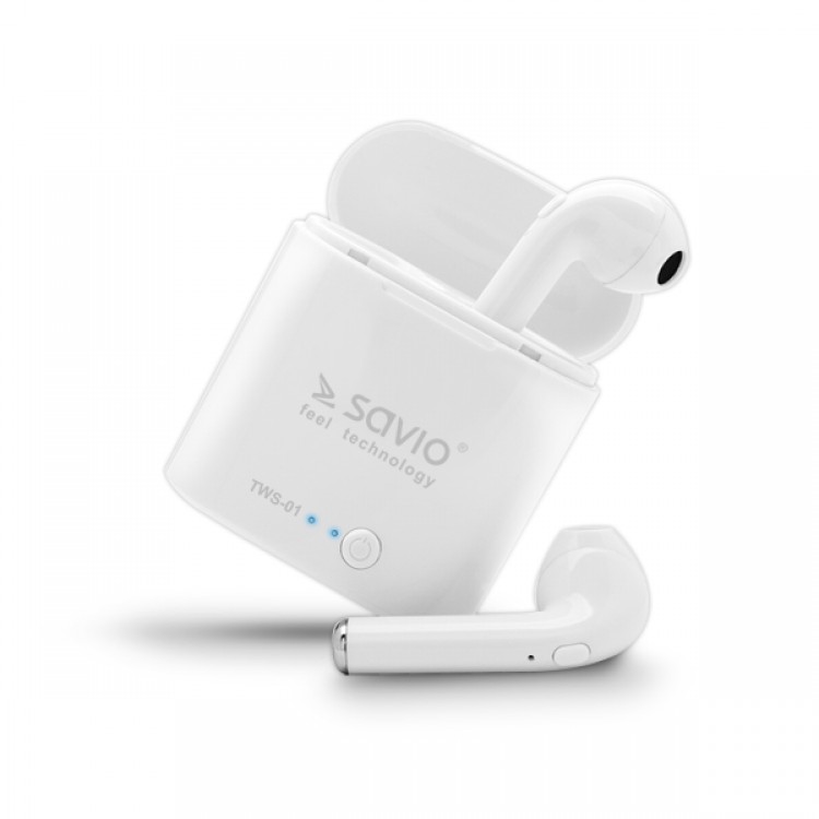 Casti Wireless,Savio TWS-01,EarBuds, pentru Ios & Android, Bluetooth 5.0, Alb