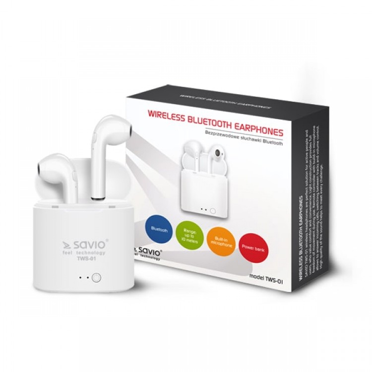Casti Wireless,Savio TWS-01,EarBuds, pentru Ios & Android, Bluetooth 5.0, Alb