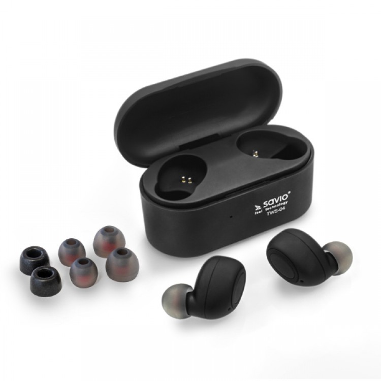 Casti Audio In-Ear, Savio TWS-04, True Wireless, Stereo Sound, Bluetooth 5.0, Power Bank, Black