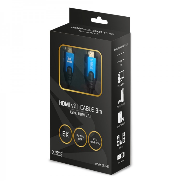 Cablu HDMI, Profesional, Savio CL-142, 8K Ultra High-Speed 48Gbps, 8K@60Hz, 4K@120Hz, Full HD @240Hz , Dynamic HDR, Dolby True HD, eARC , compatibil cu Xbox ,PlayStation4 , PlayStation5, 1.8m