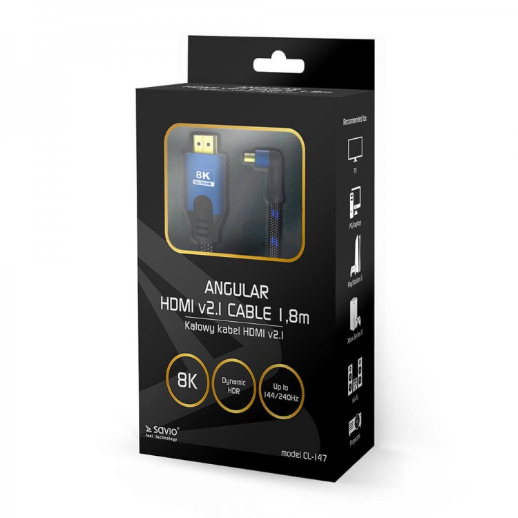 Cablu unghiular HDMI, Profesional, Savio CL-147,  8K Ultra High-Speed 48Gbps , 1.8m , 8K@60Hz, 4K@120Hz, Full HD @240Hz , Dynamic HDR, Dolby True HD, eARC , compatibil cu Xbox ,PlayStation4 , PlayStation5