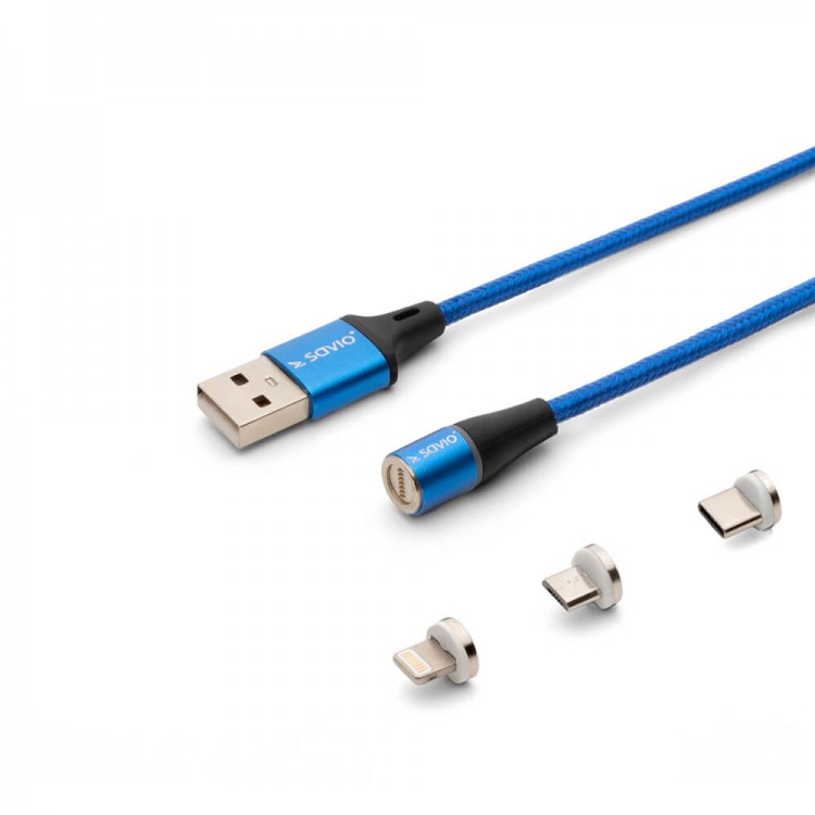 Cablu de date si incarcare rapida magnetic 3 in 1, USB Type-C, Micro USB, tip Lightning, transfer date pana la 480 Mbps, incarcare rapida  3A, Albastru,1m
