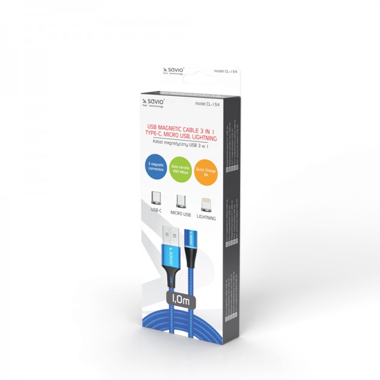 Cablu de date si incarcare rapida magnetic 3 in 1, USB Type-C, Micro USB, tip Lightning, transfer date pana la 480 Mbps, incarcare rapida  3A, Albastru,1m