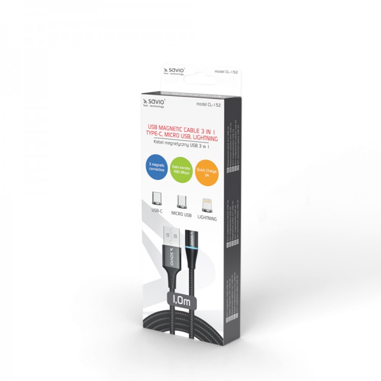 Cablu de date si incarcare rapida magnetic 3 in 1, USB Type-C, Micro USB, tip Lightning, transfer date pana la 480 Mbps, incarcare rapida  3A, Negru