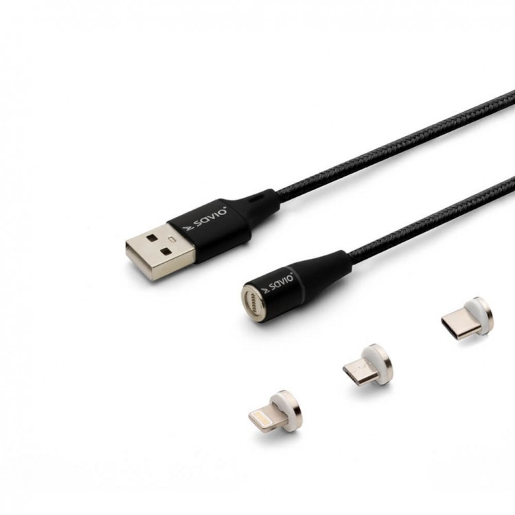 Cablu de date si incarcare rapida magnetic 3 in 1, USB Type-C, Micro USB, tip Lightning, transfer date pana la 480 Mbps, incarcare rapida  3A, Negru, 2m