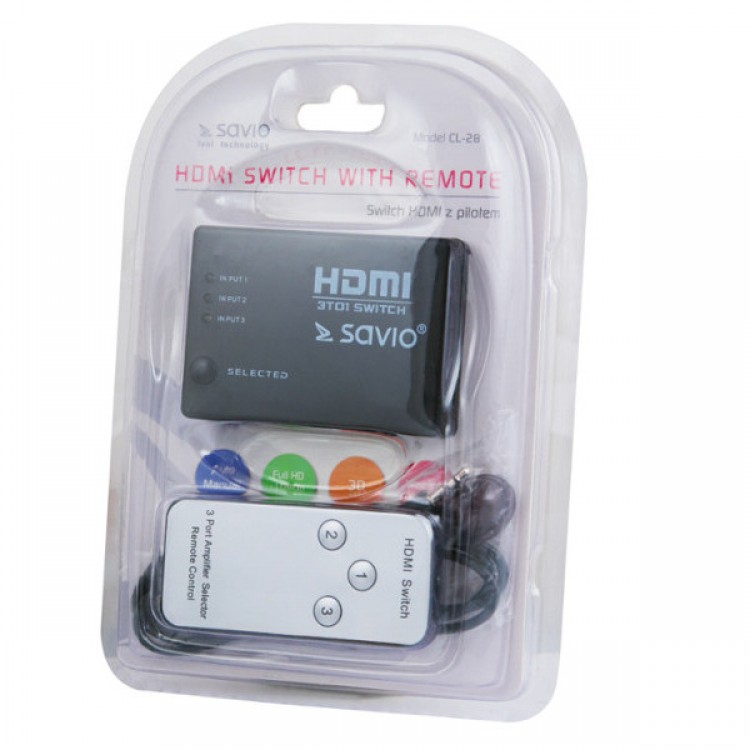 Splitter HDMI Savio CL-28, 3x1 porturi, include telecomanda