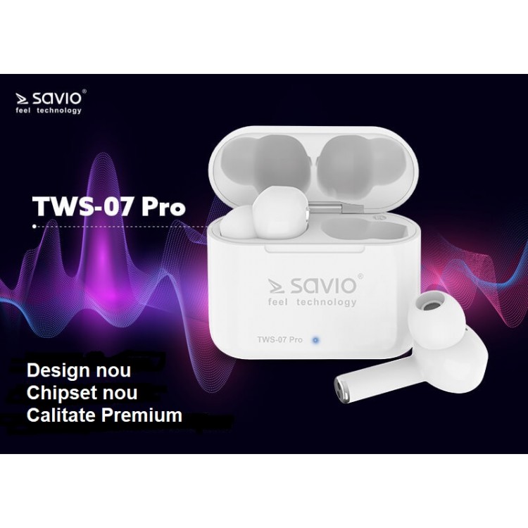 Casti Audio In-Ear, Savio TWS-07 PRO, True Wireless, Bluetooth 5.0, Alb