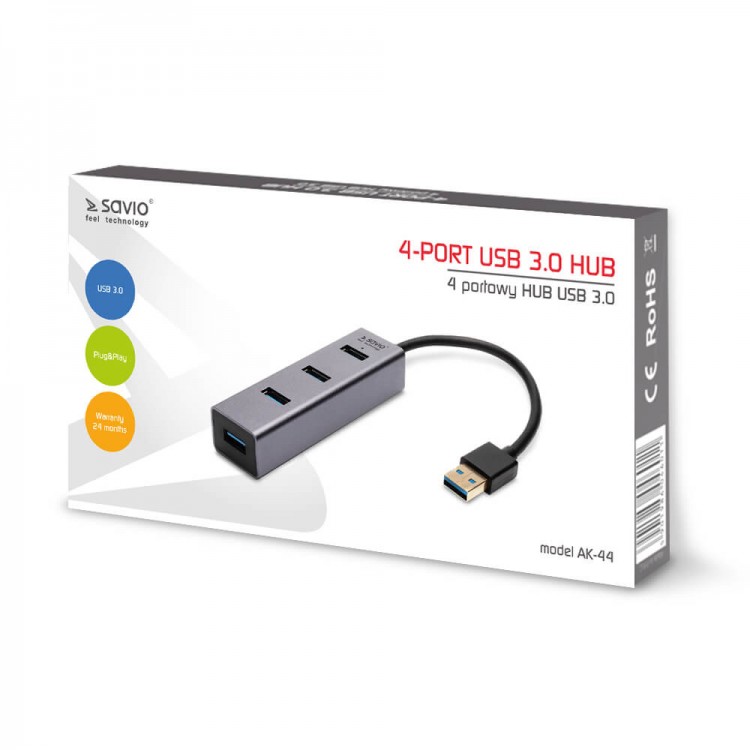 Hub USB 3.0, 4 porturi Savio AK-44, carcasa aluminiu, gri