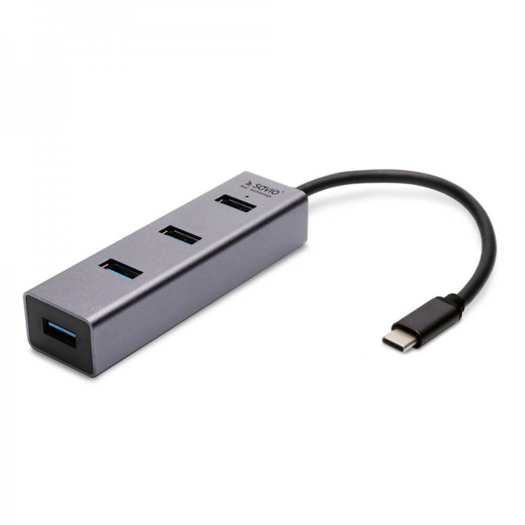 Hub USB-C, 4 porturi Savio AK-46, carcasa aluminiu, gri