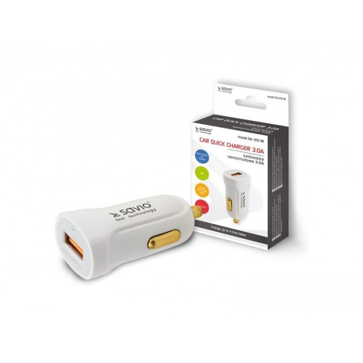 Incarcator auto rapid Savio Quick Charge 3.0, 12/24v, chipset Qualcomm, alb