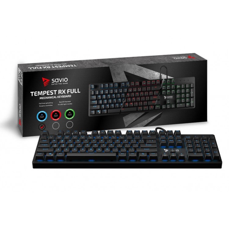 Tastatura Mecanica Gaming Profesionala, Savio Tempest RX Full, Outemu Blue Switch, Full Antigosting, 104 taste, iluminare Albastra