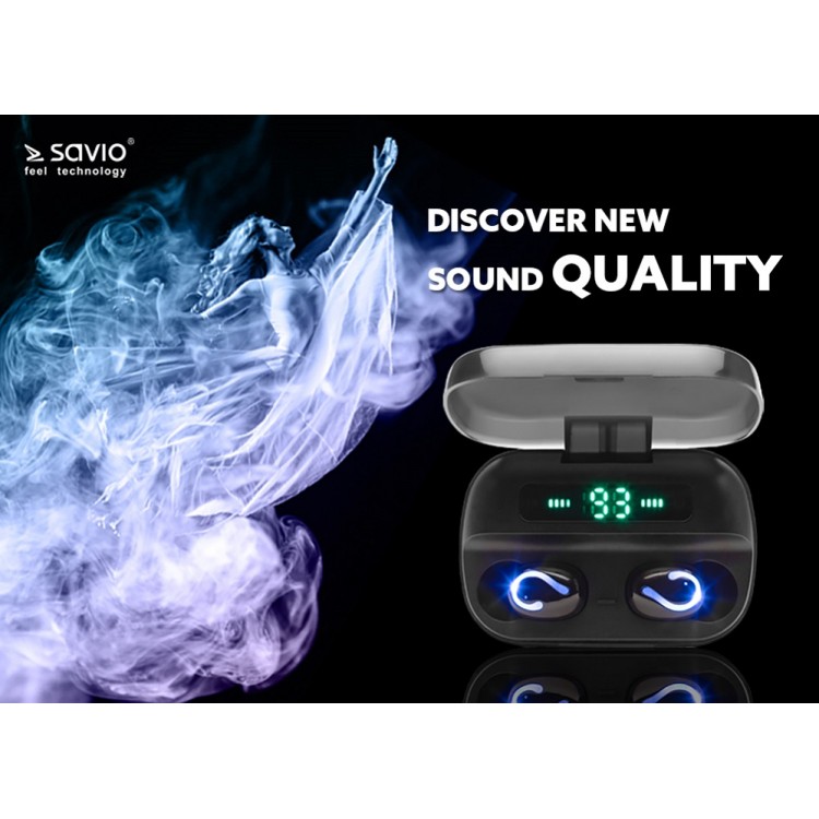 Casti Audio In-Ear, Savio TWS-06, True Wireless, Deep Bass, Bluetooth 5.0, Power Bank 1200 mAh, Black