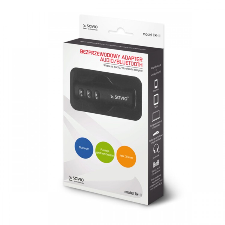 Receptor Bluetooth Audio, Savio TR-11 , Receiver Muzica Auto, 3.5 mm, Auxiliar Adapter, Microfon, Pentru Muzica si Apeluri In Masina, Negru